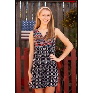 Umgee Sleeveless Peasant Dress Boho Tribal Shift Batik Crochet Lace Trim Size XL